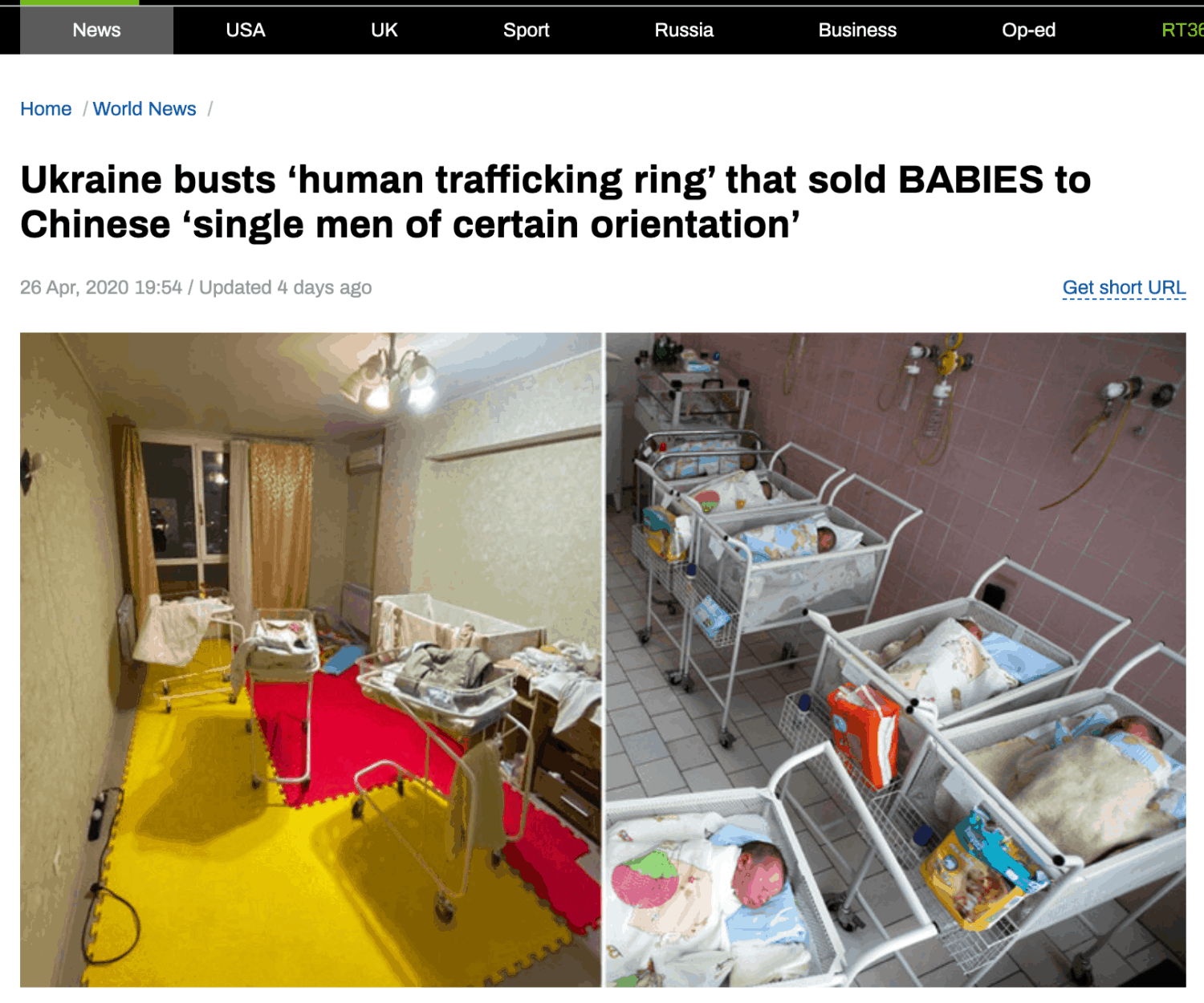 画像：ニュースを掲載した「<a href="https://www.rt.com/news/486930-ukraine-china-baby-trafficking/">RT</a>」の記事ページ